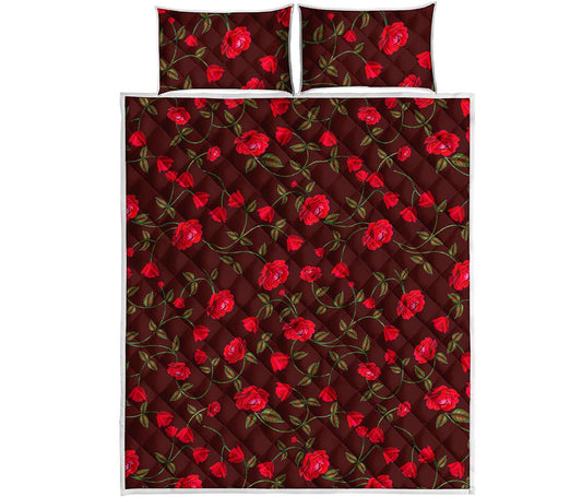 Red Rose Floral Flower Pattern Print Quilt Bed Set
