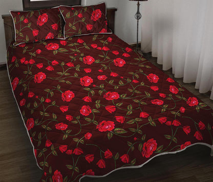 Red Rose Floral Flower Pattern Print Quilt Bed Set