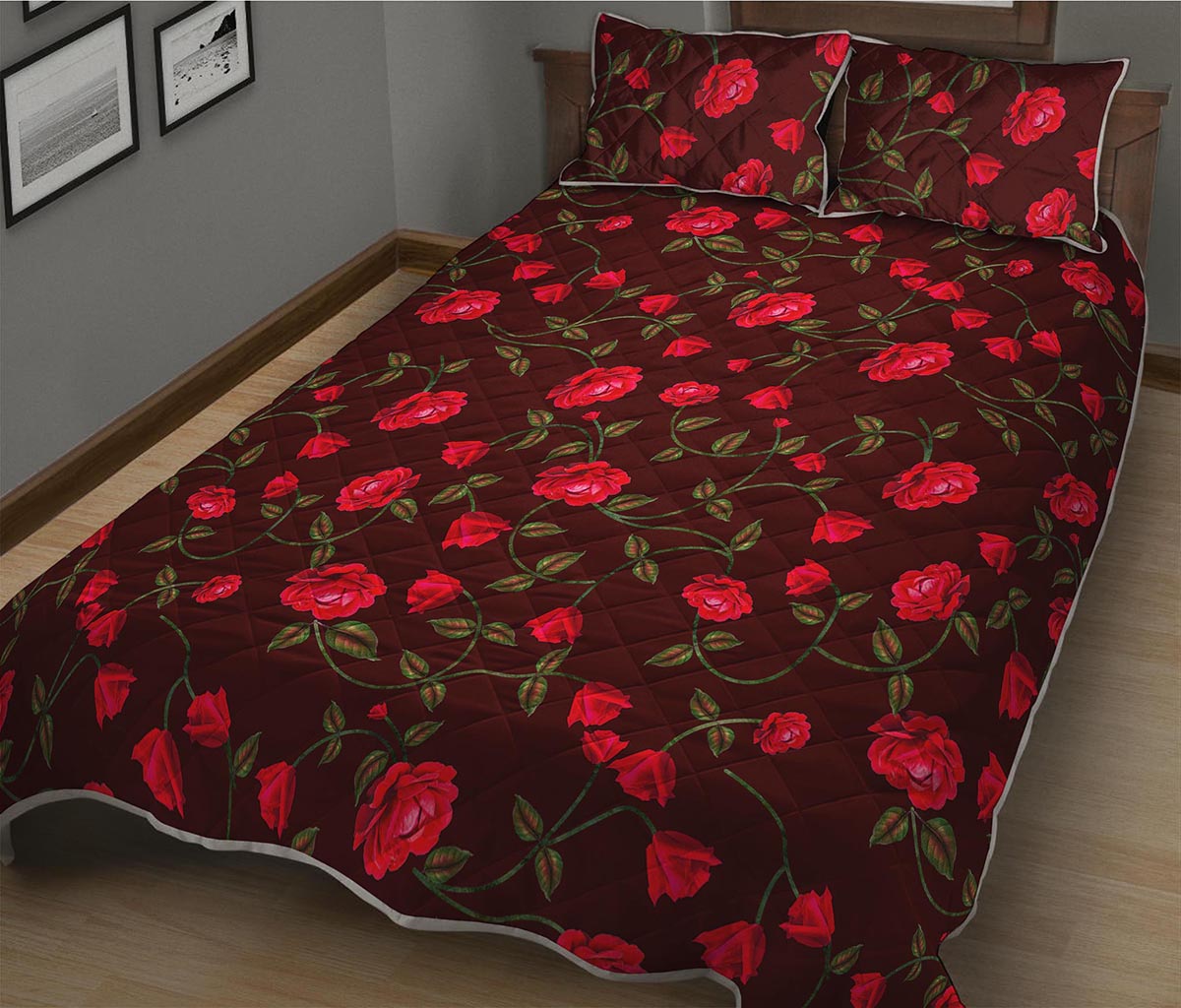 Red Rose Floral Flower Pattern Print Quilt Bed Set