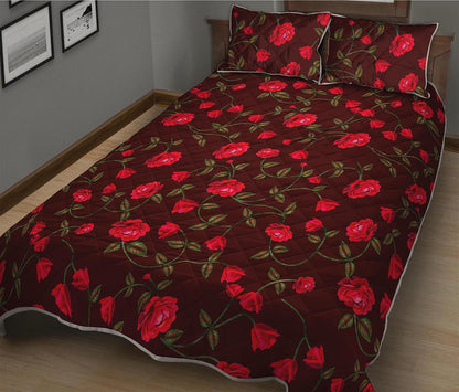 Red Rose Floral Flower Pattern Print Quilt Bed Set