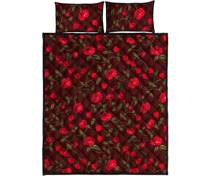 Red Rose Floral Flower Pattern Print Quilt Bed Set