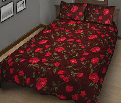 Red Rose Floral Flower Pattern Print Quilt Bed Set