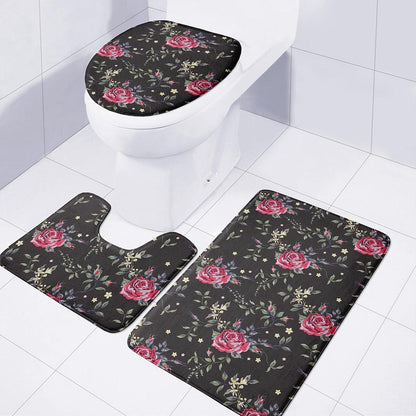 Red Rose Floral Pattern Print 3 Piece Bath Mat Set