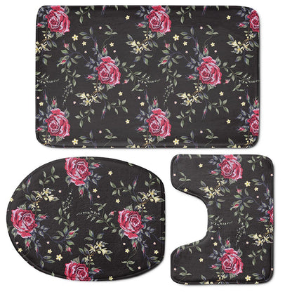 Red Rose Floral Pattern Print 3 Piece Bath Mat Set