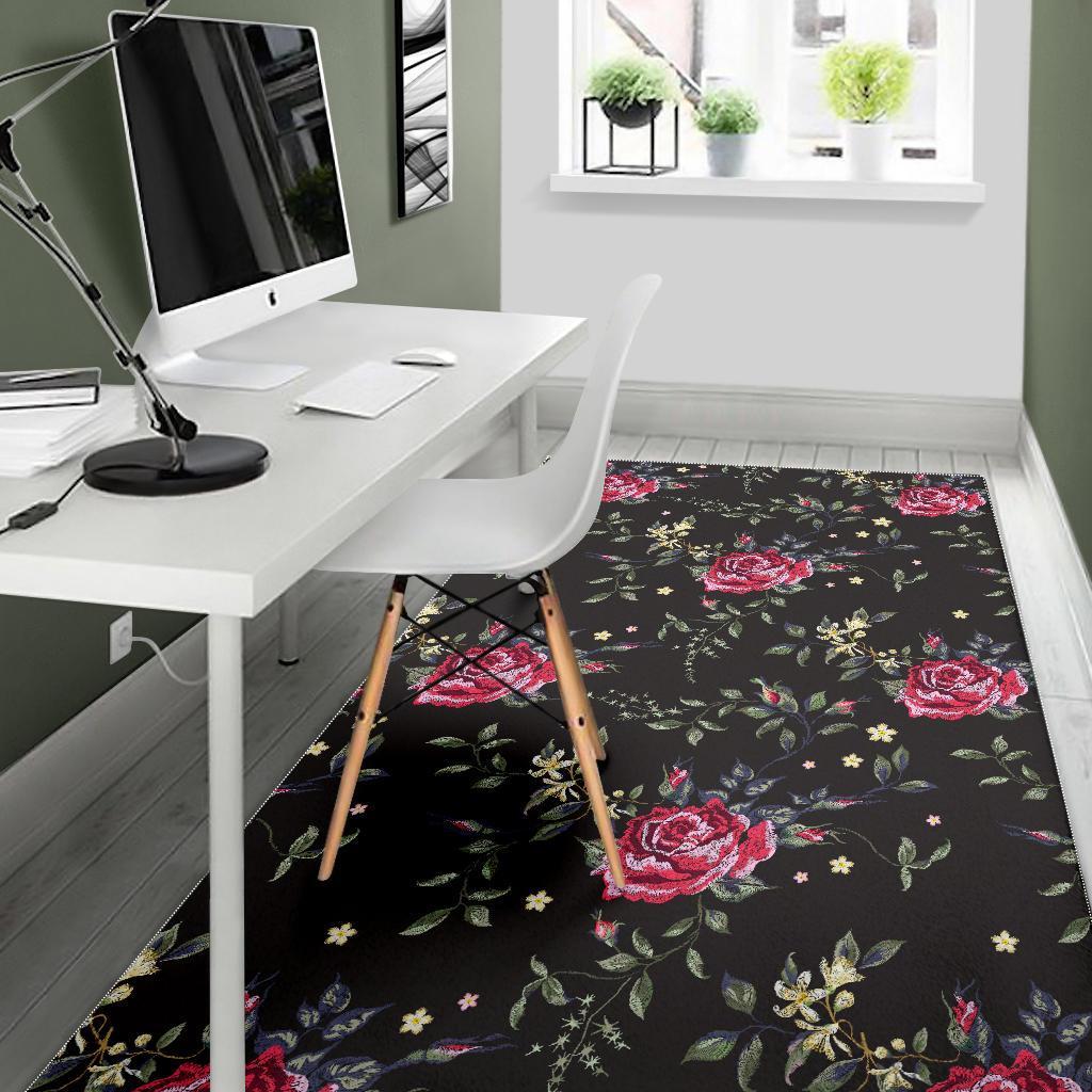 Red Rose Floral Pattern Print Area Rug GearFrost