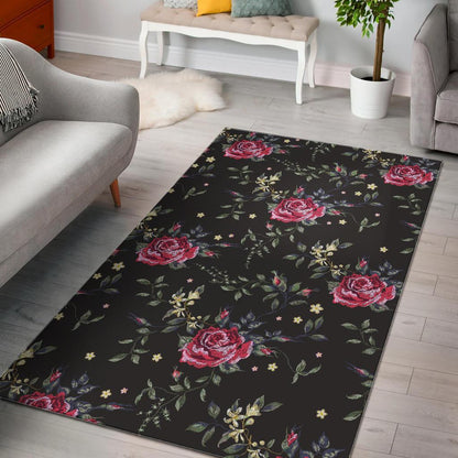 Red Rose Floral Pattern Print Area Rug GearFrost