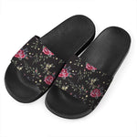 Red Rose Floral Pattern Print Black Slide Sandals