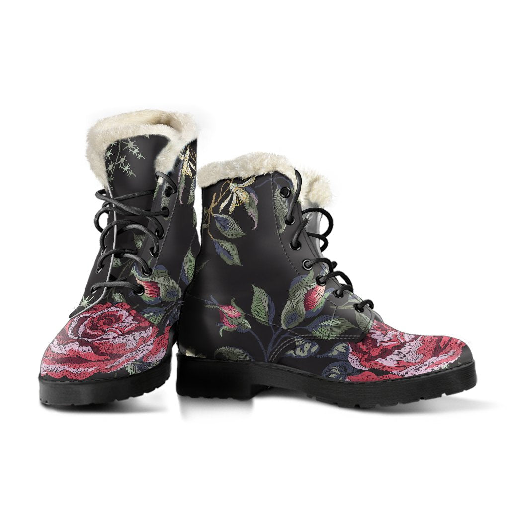Red Rose Floral Pattern Print Comfy Boots GearFrost
