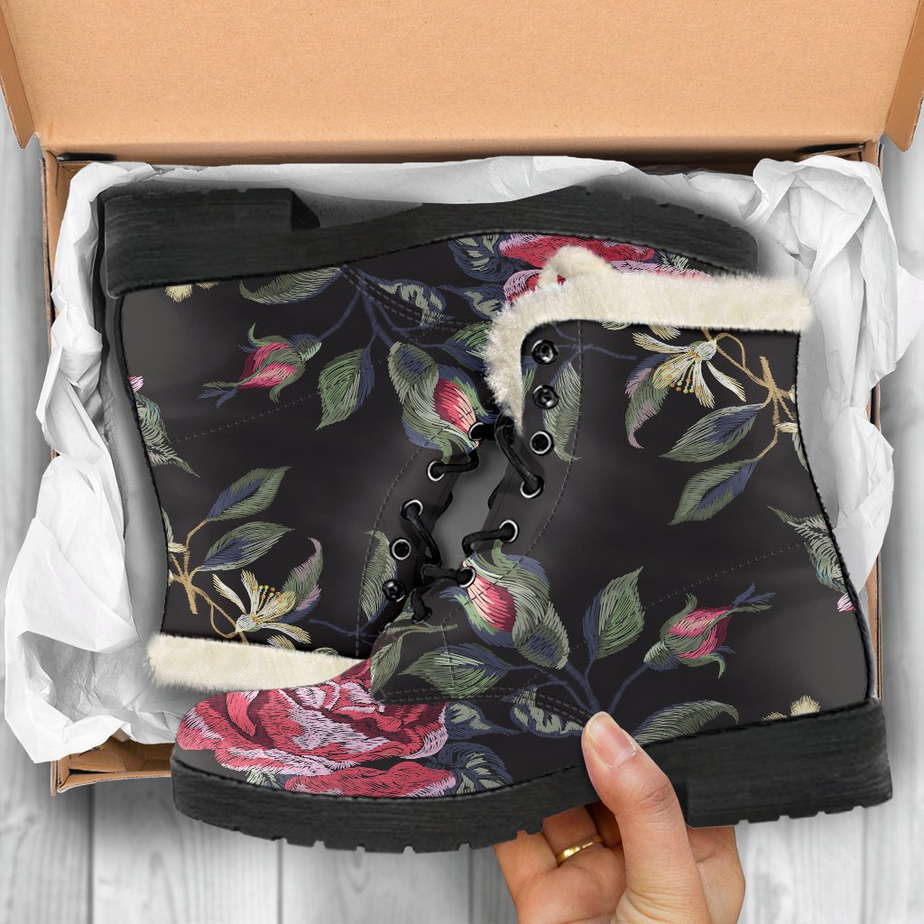Red Rose Floral Pattern Print Comfy Boots GearFrost