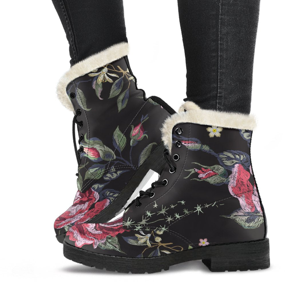 Red Rose Floral Pattern Print Comfy Boots GearFrost