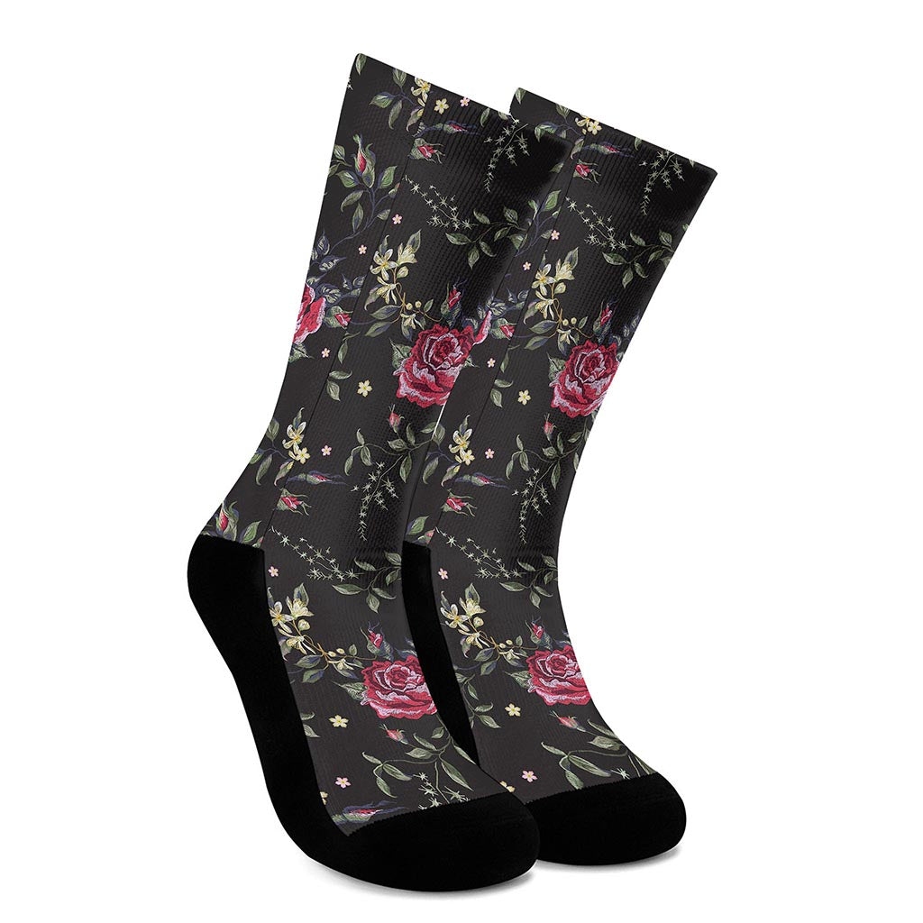 Red Rose Floral Pattern Print Crew Socks