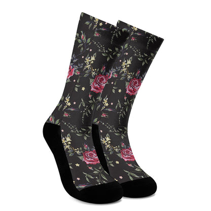 Red Rose Floral Pattern Print Crew Socks
