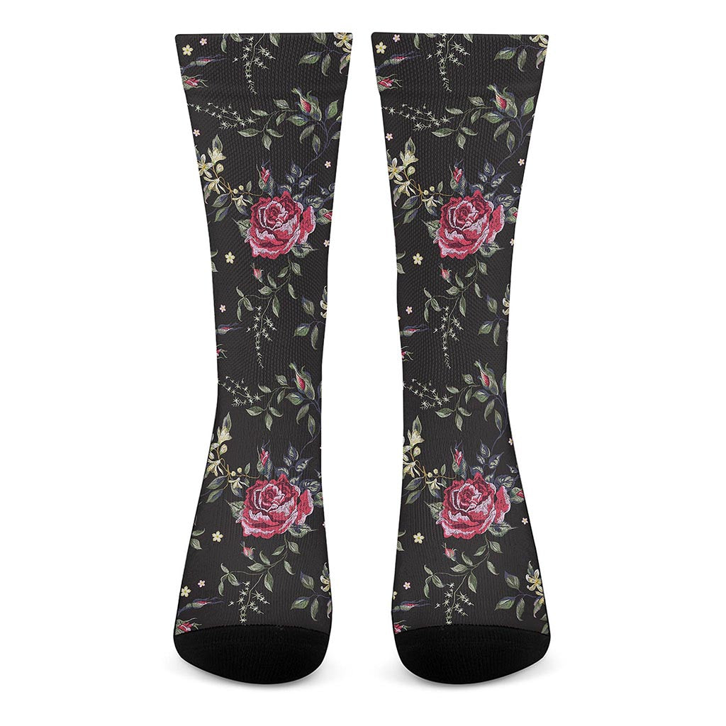 Red Rose Floral Pattern Print Crew Socks