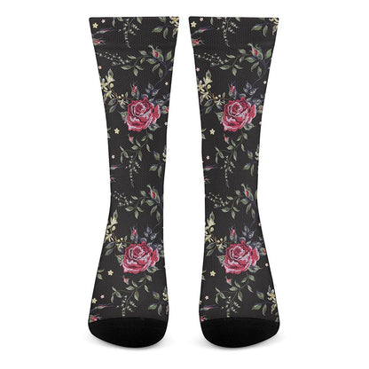 Red Rose Floral Pattern Print Crew Socks
