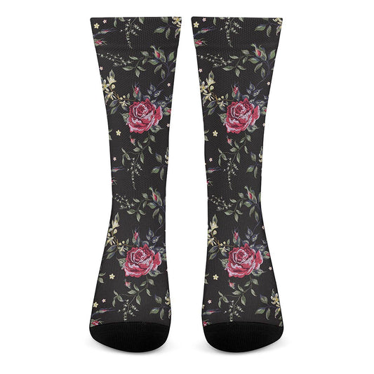 Red Rose Floral Pattern Print Crew Socks