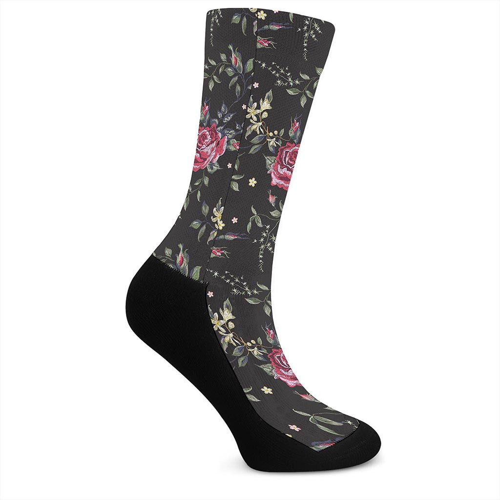 Red Rose Floral Pattern Print Crew Socks