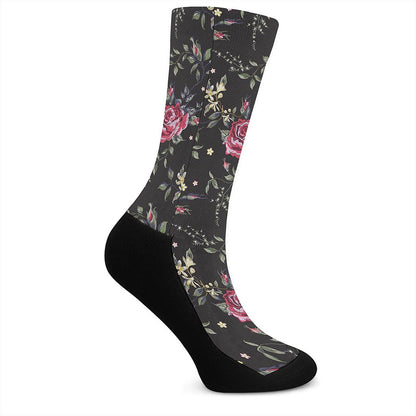 Red Rose Floral Pattern Print Crew Socks