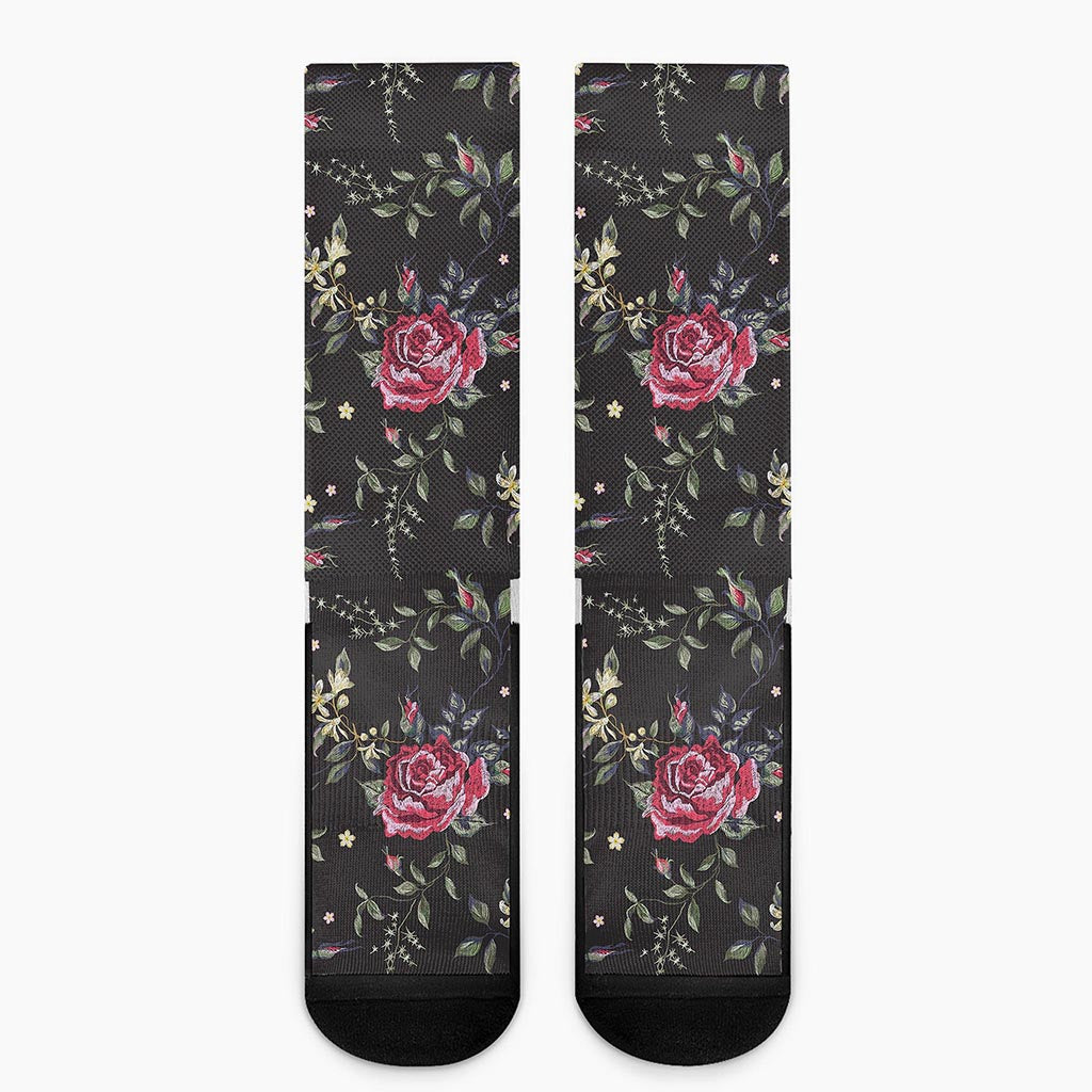Red Rose Floral Pattern Print Crew Socks