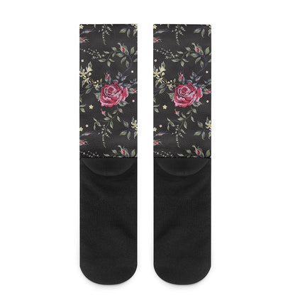 Red Rose Floral Pattern Print Crew Socks