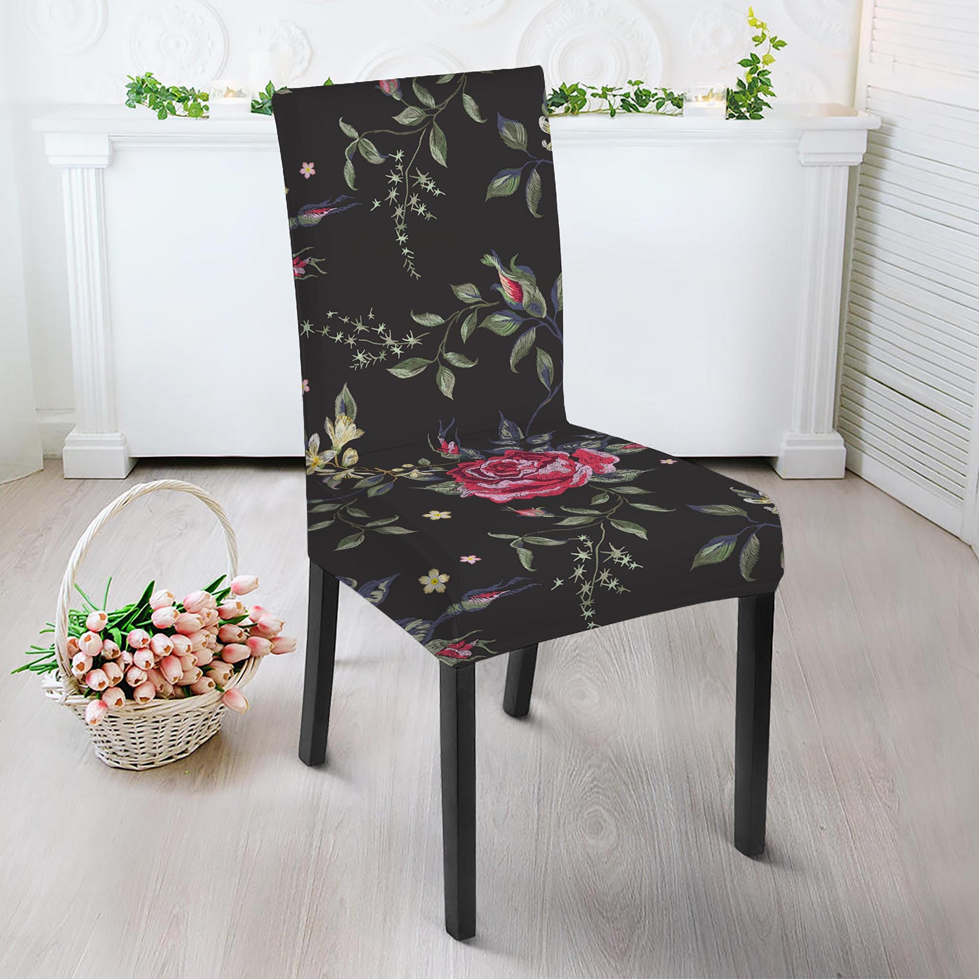 Red Rose Floral Pattern Print Dining Chair Slipcover