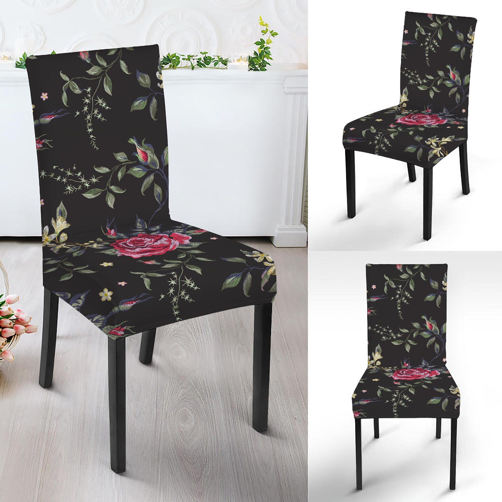 Red Rose Floral Pattern Print Dining Chair Slipcover