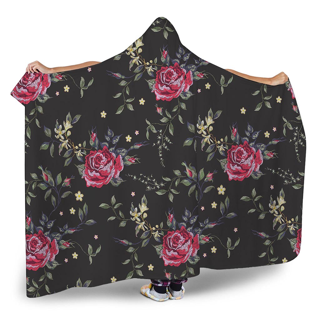 Red Rose Floral Pattern Print Hooded Blanket