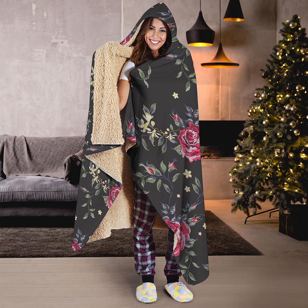 Red Rose Floral Pattern Print Hooded Blanket