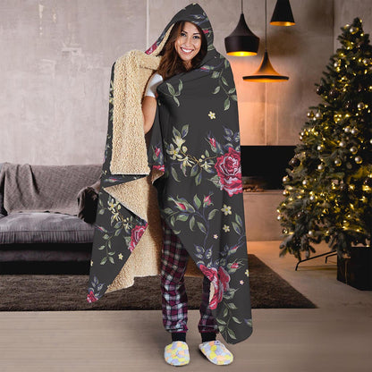 Red Rose Floral Pattern Print Hooded Blanket