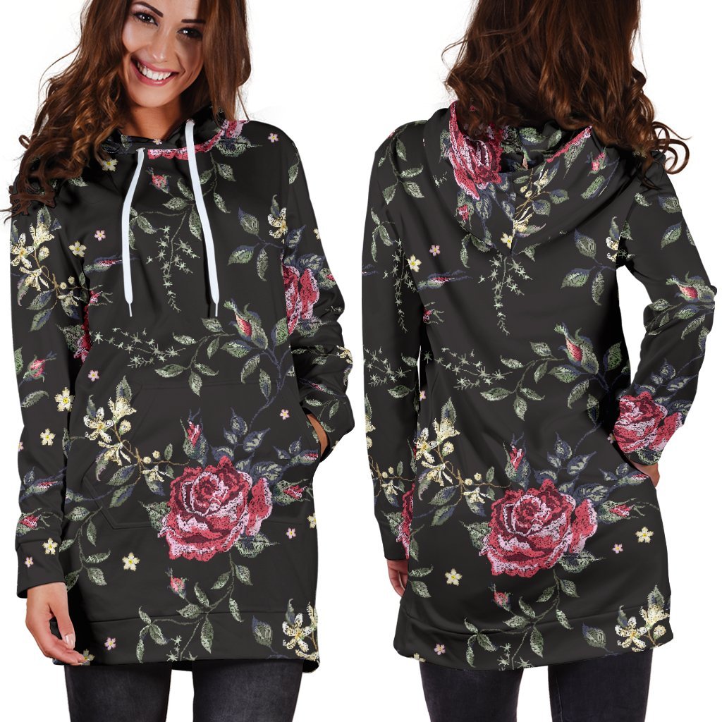 Red Rose Floral Pattern Print Hoodie Dress GearFrost