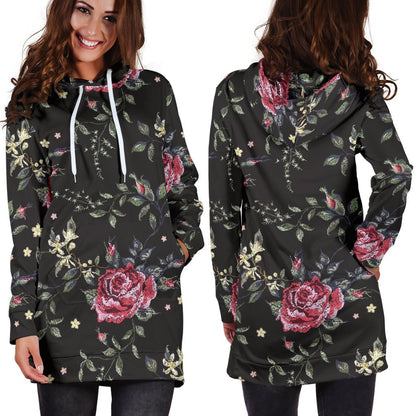 Red Rose Floral Pattern Print Hoodie Dress GearFrost