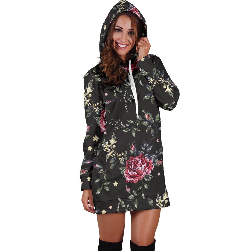 Red Rose Floral Pattern Print Hoodie Dress GearFrost