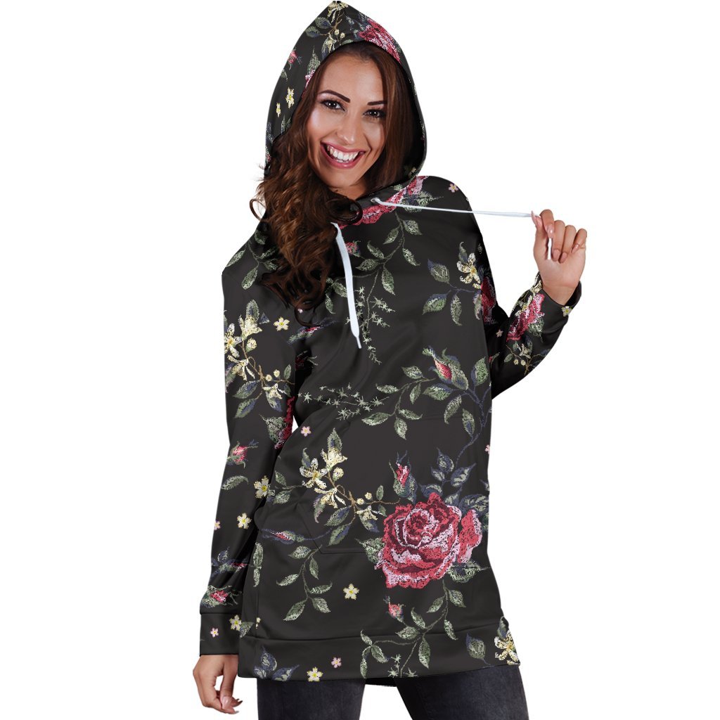 Red Rose Floral Pattern Print Hoodie Dress GearFrost