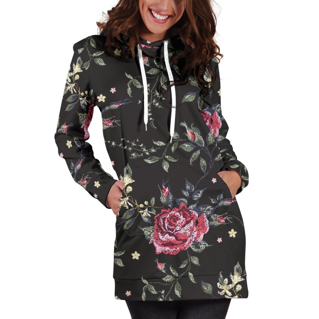 Red Rose Floral Pattern Print Hoodie Dress GearFrost