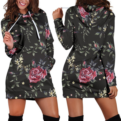 Red Rose Floral Pattern Print Hoodie Dress GearFrost