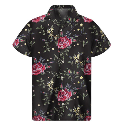 Red Rose Floral Pattern Print Men's Short Sleeve Shirt
