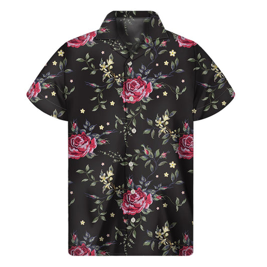 Red Rose Floral Pattern Print Men's Short Sleeve Shirt