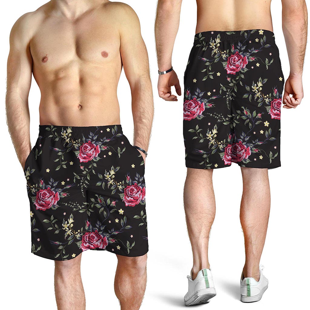 Red Rose Floral Pattern Print Men's Shorts