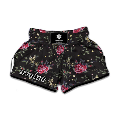 Red Rose Floral Pattern Print Muay Thai Boxing Shorts