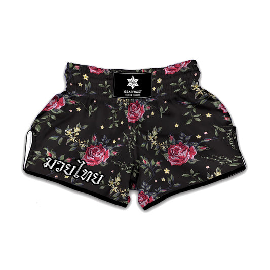 Red Rose Floral Pattern Print Muay Thai Boxing Shorts