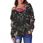 Red Rose Floral Pattern Print Off Shoulder Sweatshirt GearFrost