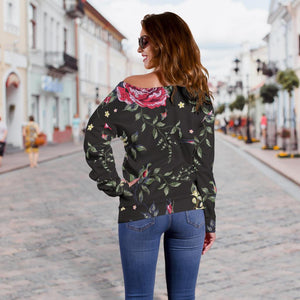 Red Rose Floral Pattern Print Off Shoulder Sweatshirt GearFrost