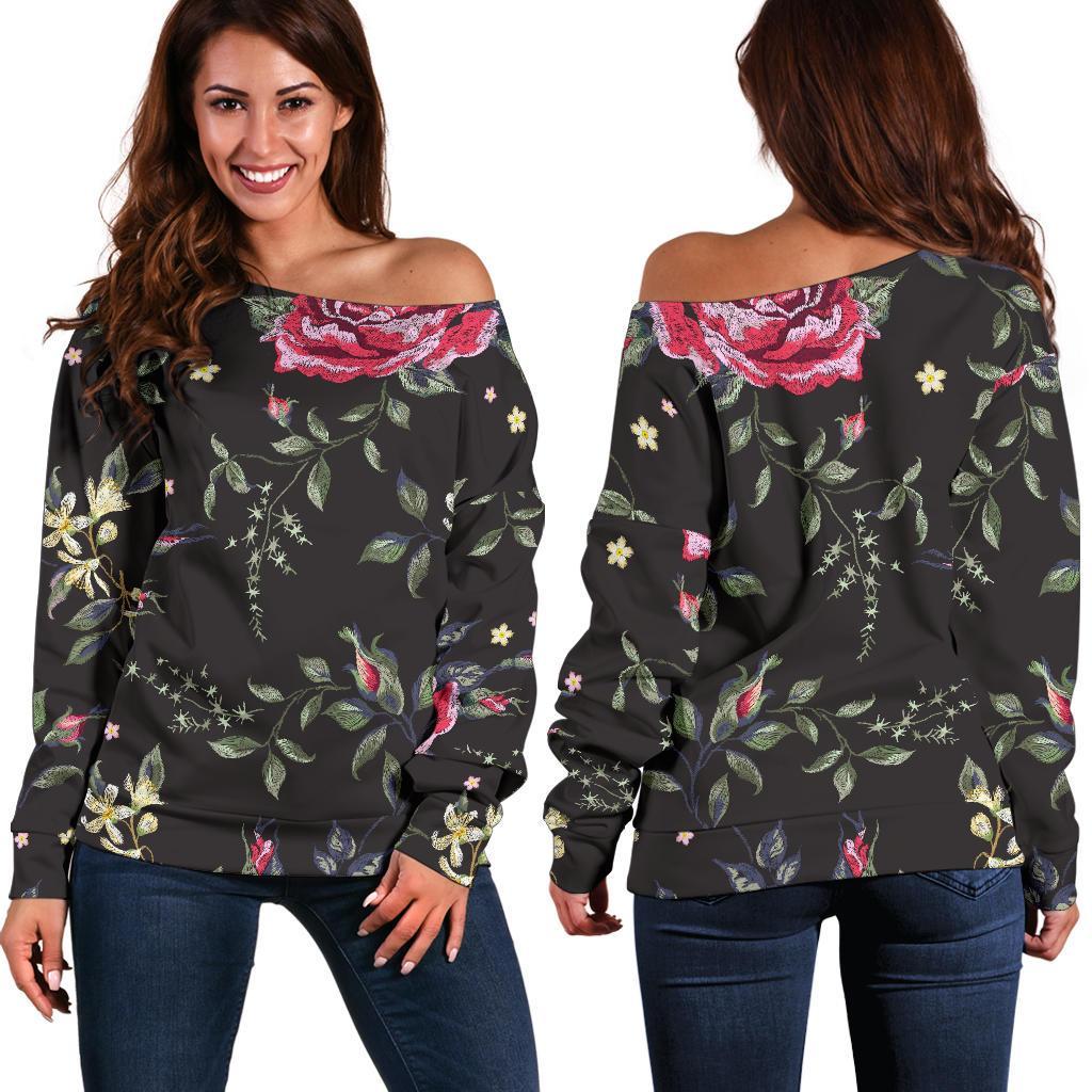 Red Rose Floral Pattern Print Off Shoulder Sweatshirt GearFrost