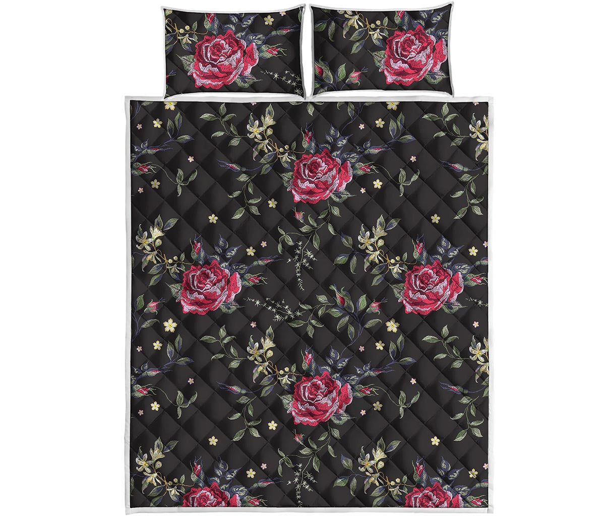 Red Rose Floral Pattern Print Quilt Bed Set