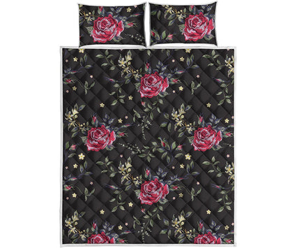 Red Rose Floral Pattern Print Quilt Bed Set