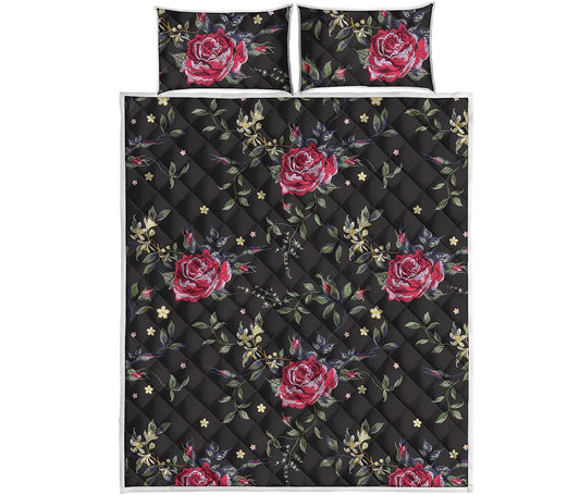 Red Rose Floral Pattern Print Quilt Bed Set