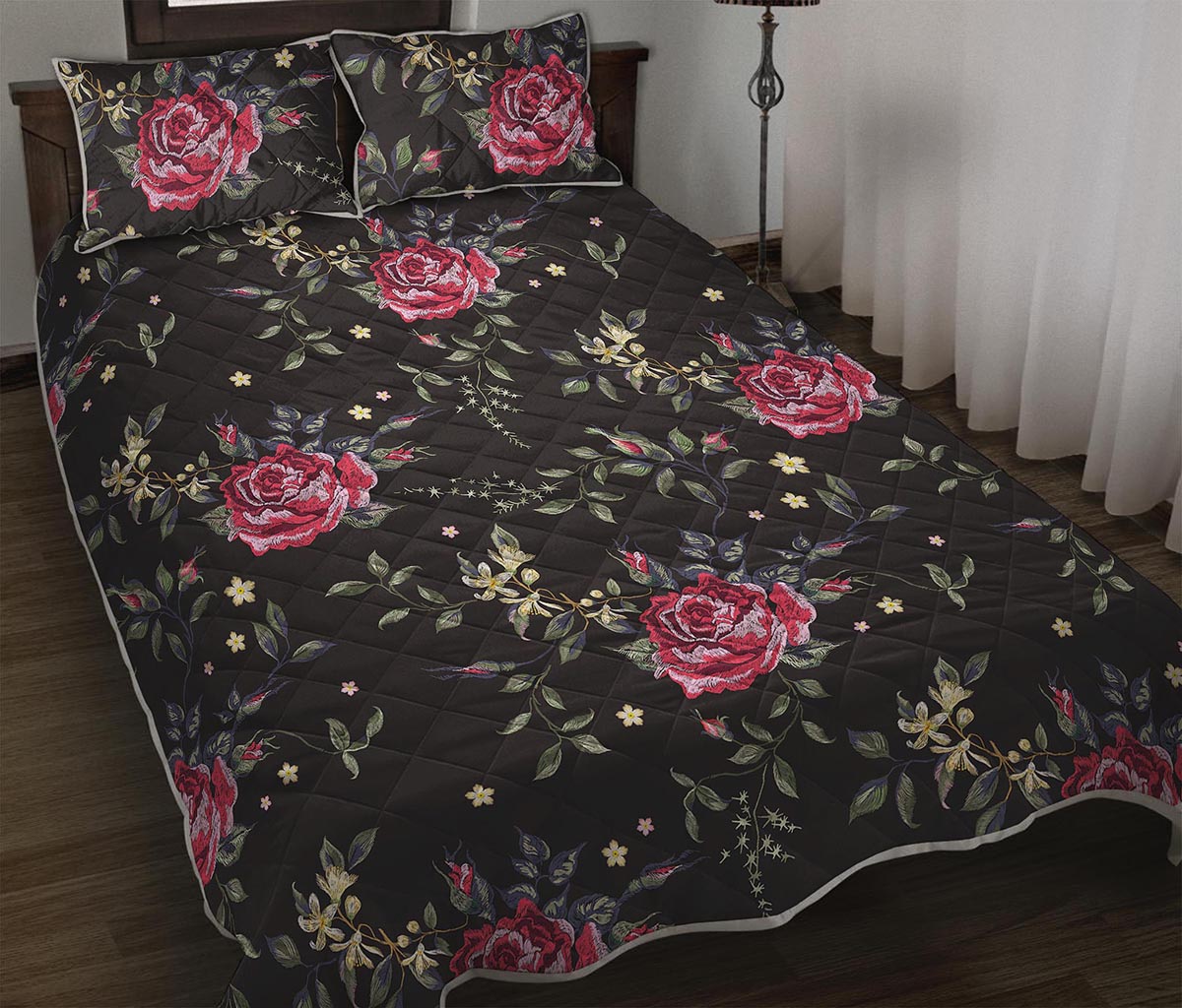 Red Rose Floral Pattern Print Quilt Bed Set