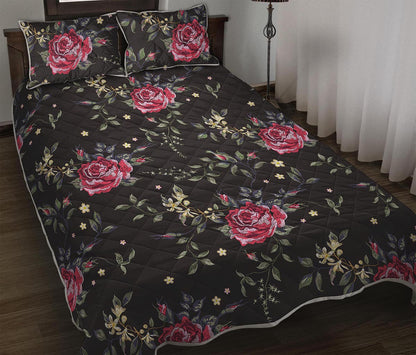 Red Rose Floral Pattern Print Quilt Bed Set