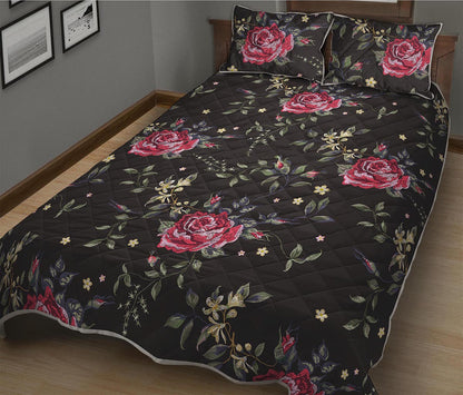 Red Rose Floral Pattern Print Quilt Bed Set