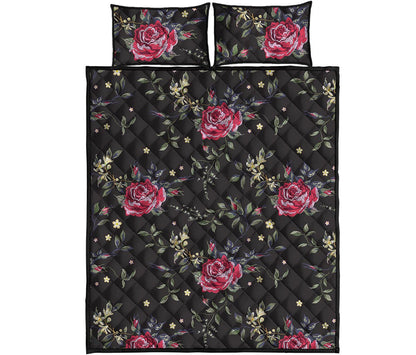 Red Rose Floral Pattern Print Quilt Bed Set