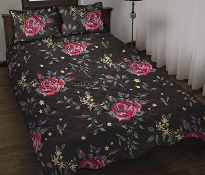 Red Rose Floral Pattern Print Quilt Bed Set